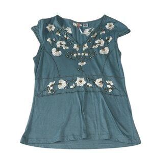 Vintage Y2K Ric Rac Anthropologie Embroidered Teal Women's Top Size Small